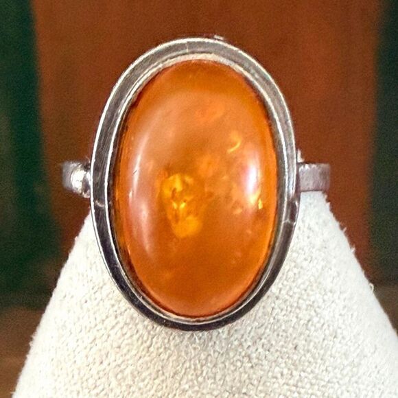 Vintage Sterling Amber Ring Jewelry - Vintage Sterling Silver Amber Cabochon Ring